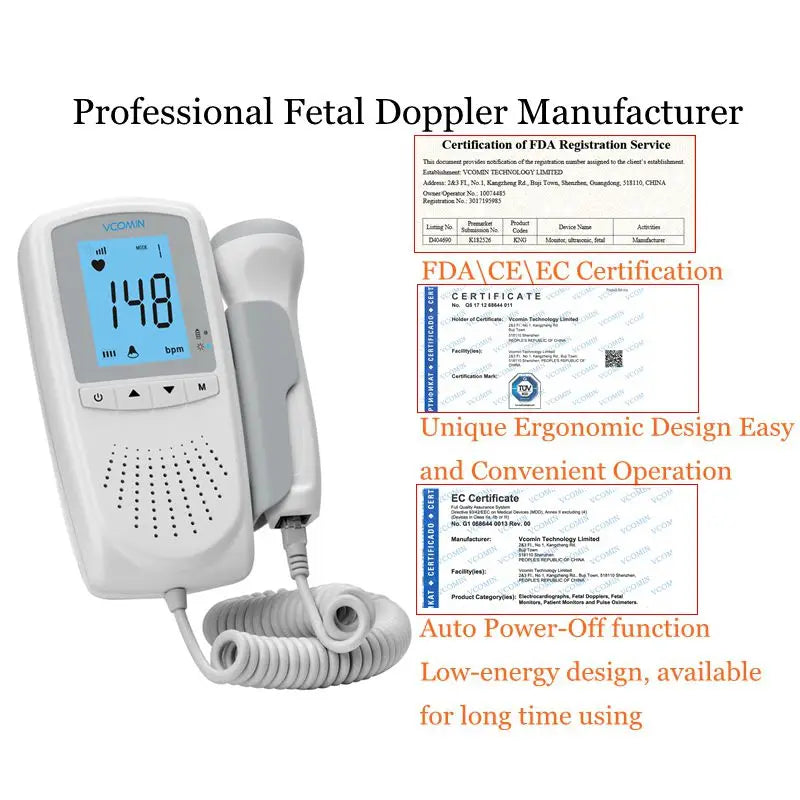 Vcomin Fetal Doppler Hand-hold Pocket Portable Sound Baby Heart Pregnancy Ultrasound Fetus Detector Machine Monitor Hire Retail Second