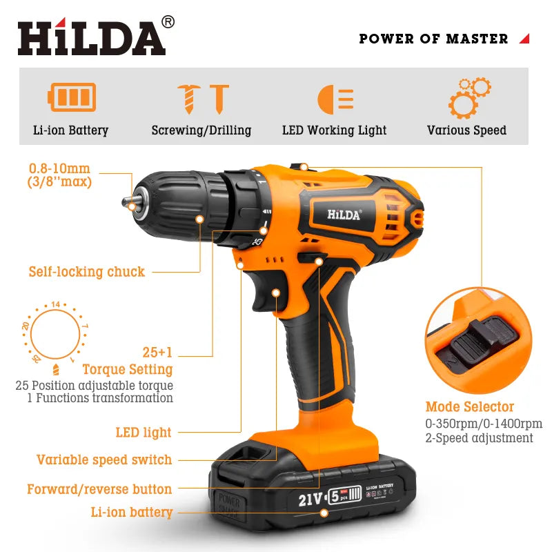 HILDA Electric Drill 12V 16V 20V Cordless Drill Electric Screwdriver Mini Wireless Power Driver DC Lithium-Ion Battery Retail Second