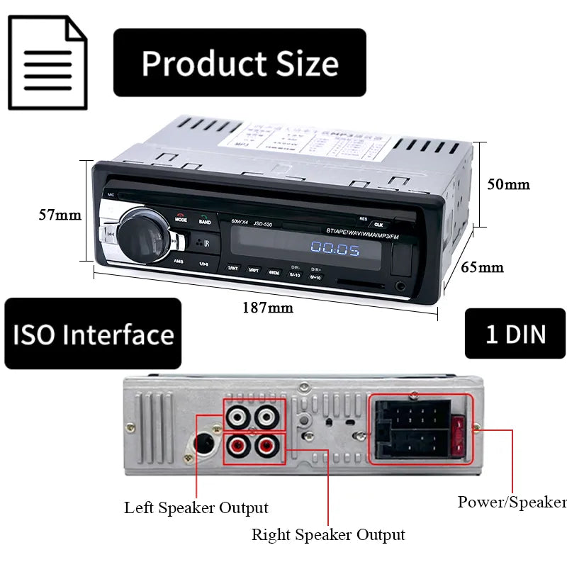 Car Radio 1 din Stereo Player Digital Bluetooth MP3 Player 60Wx4 FM Radio Stereo Audio Music USB/SD with In Dash AUX Input Retail Second