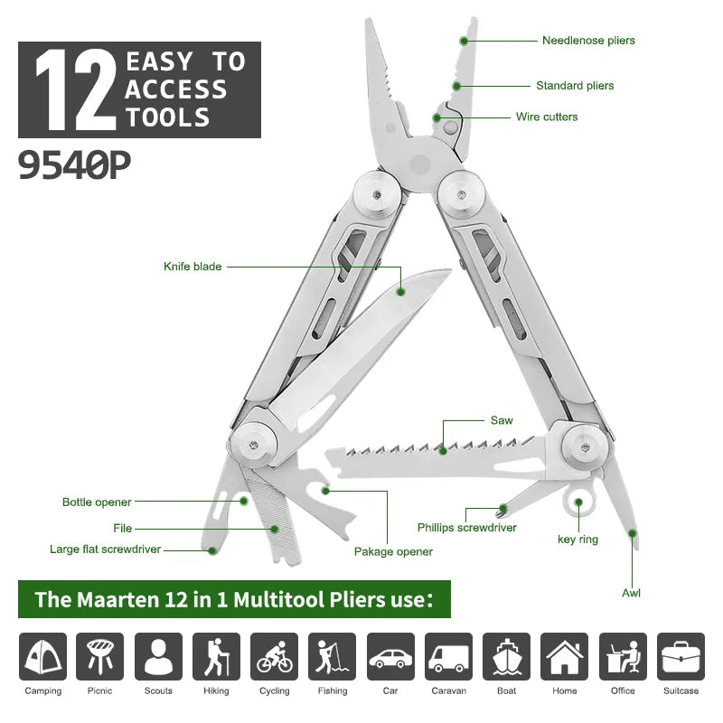 Multitool, 12-in-1 Multitools Pliers with Professional Multi-tool for Survival, Camping and Hunting, Gifts for Men Dad Hus band Retail Second