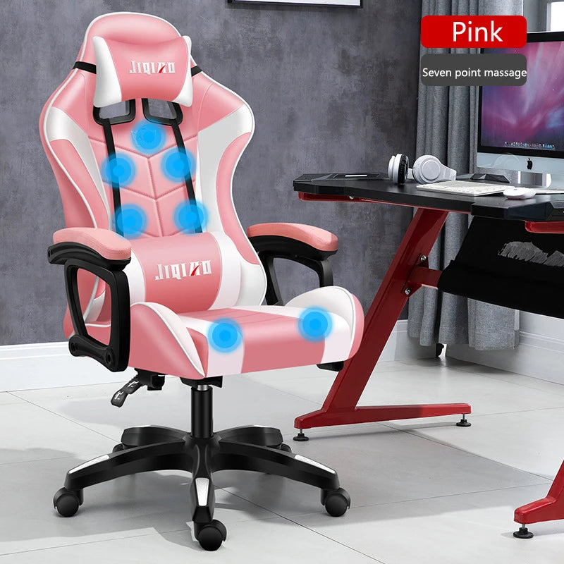 Massage Gaming Chair WCG Ergonomic Chair Fashion Pink  Light Computer Leather Office Chairs Internet Cafe Bedroom Game Chair - Retail Second