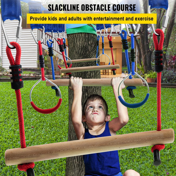 Ninja Warrior Obstacle Course for Kids, Ninjia Slackline with 10 Hanging Attachment,Swing, Ninja Wheel, Monkey Bars - Retail Second