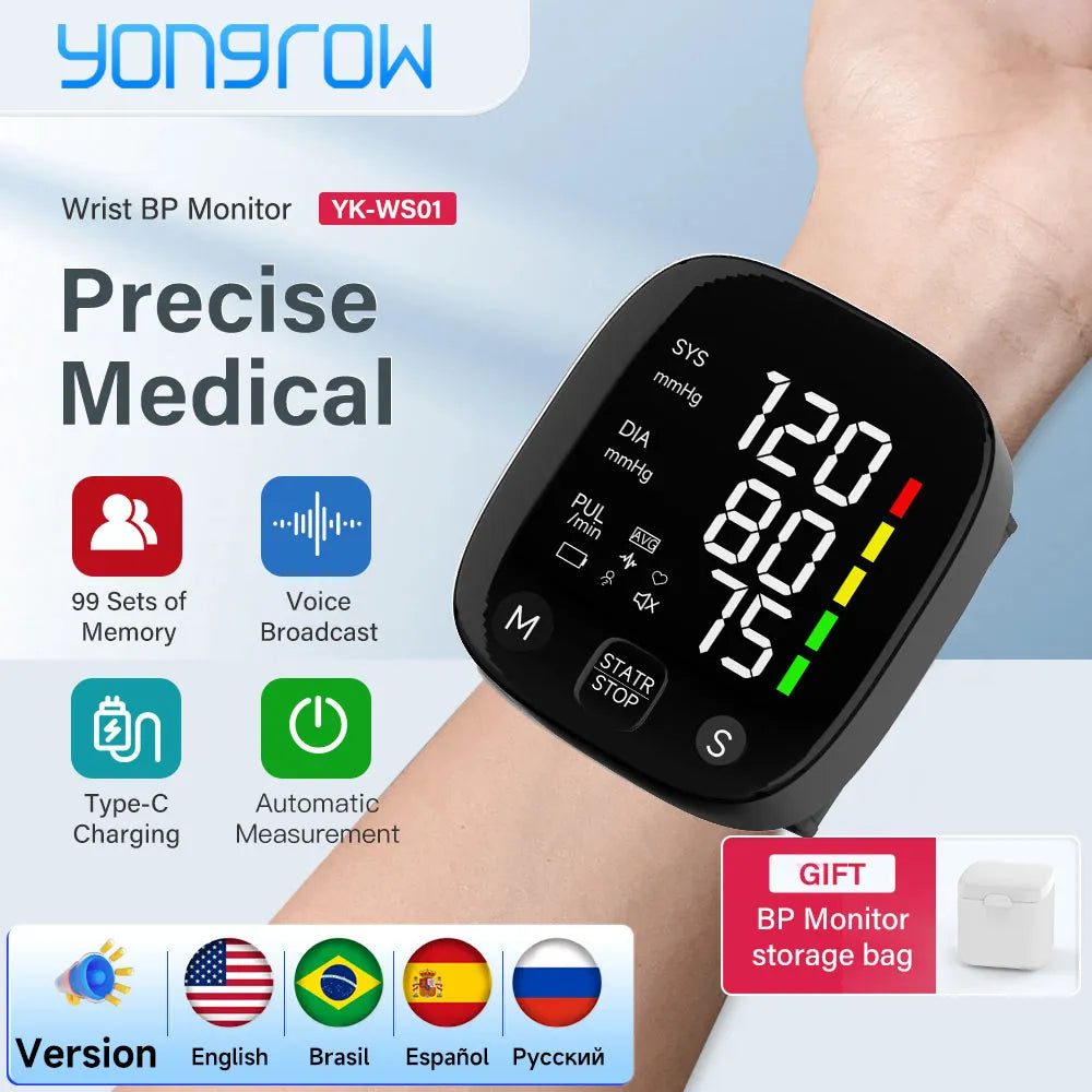Yongrow New LED Wrist Blood Pressure Monitor Rechargeable English/Russian Voice Broadcast Sphygmomanometer Tonometer  BP Monitor Retail Second