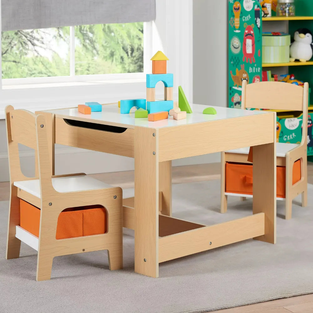 Kids Wooden Storage Table and Chairs Set, Natural Color, Melamine, 3 Piece Children Furniture Chairs Tables