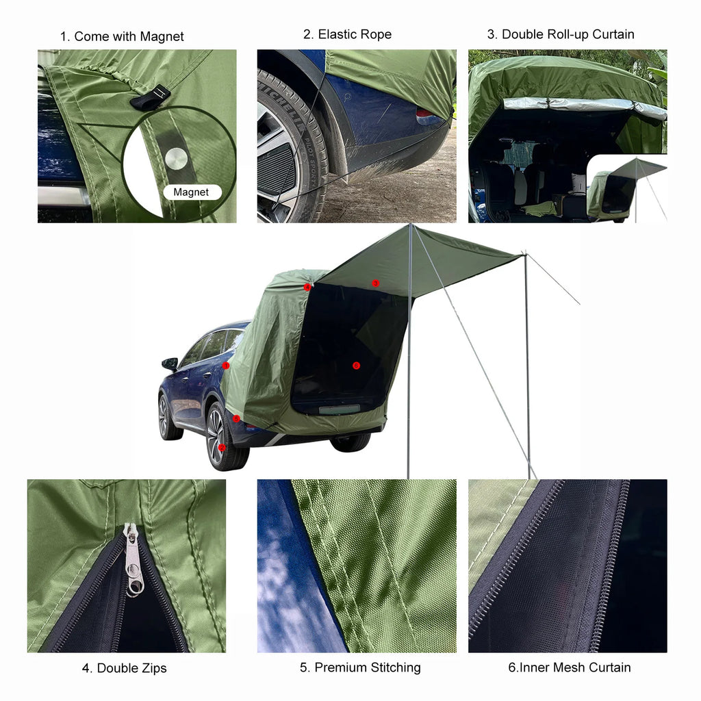 1set Camping Tent Kits SUV Cabana Tent With Awning Shade Large Space Wide Vision Car Tailgate Tear-resistant Tent Rear Tent Atta Retail Second