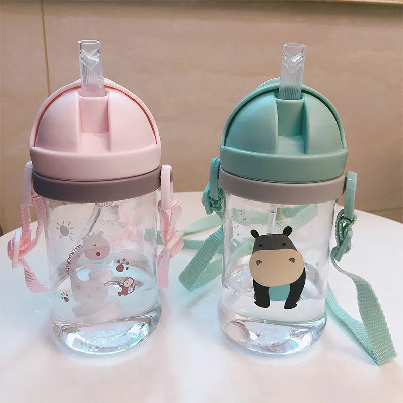 Kids Children Cartoon Animal School Drinking Water Straw Bottle Gravity Ball Straw Baby Cup with Shoulder Strap Water Bottle Retail Second