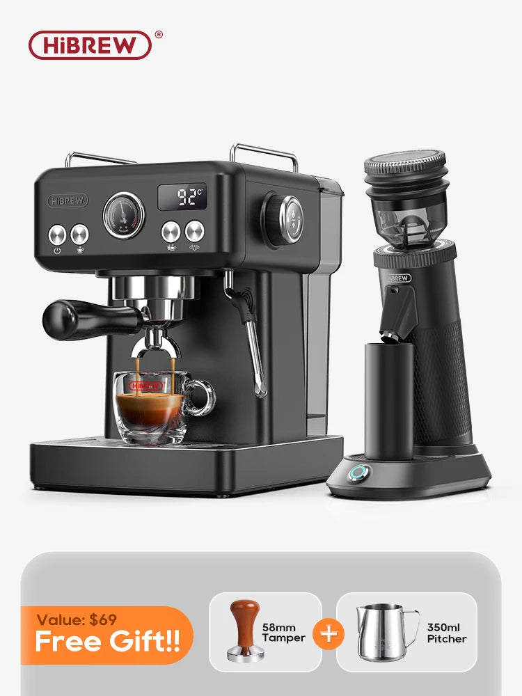 HiBREW Semi Automatic Espresso Cappuccino Coffee Machine Temperature Adjustable 58mm Portafilter Coffee Maker Metal H10A Black Retail Second