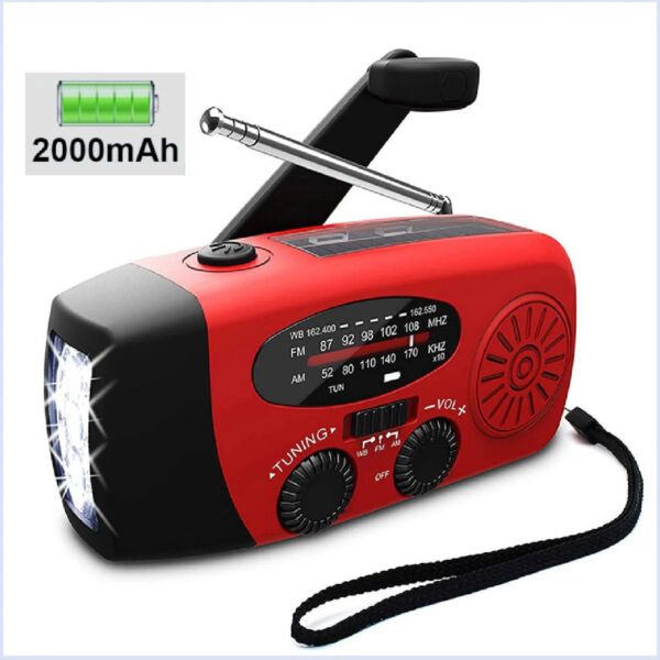 Emergency Weather Radio with Hand Crank, Solar & USB Charging - 2000mAh Power Bank & LED Flashlight